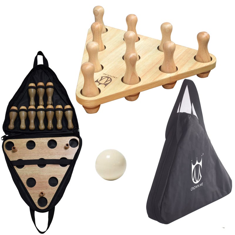 CROWN ME Shuffleboard Bowling Pin Set with 10 Pcs Premium Hardwood Bowling Pins Triangular Pinsetter Resin Bowling Ball and Carrying Bag, Fun for Shuffleboard - Image 1